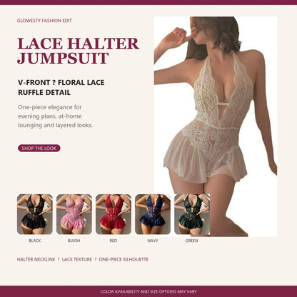 Women's Lace Jumpsuit, Halter Deep V Sheer Ruffle Design, Couples Date Night Pajamas, Elegant Plain Style, All Seasons Wear
