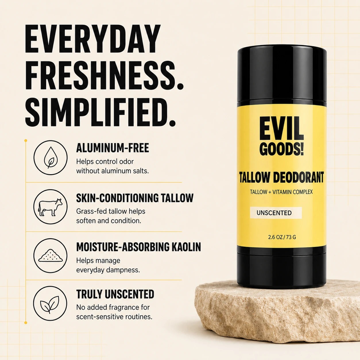 EVILGOODS Natural Tallow Body Care Deodorant Stick - Grass-Fed Beef Tallow, Kaolin Clay, Aluminum-Free, Unscented, Moisture-Boosting, 2.6 oz for Daily Freshness