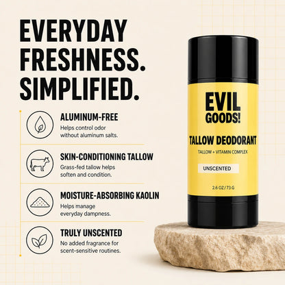 EVILGOODS Natural Tallow Body Care Deodorant Stick - Grass-Fed Beef Tallow, Kaolin Clay, Aluminum-Free, Unscented, Moisture-Boosting, 2.6 oz for Daily Freshness