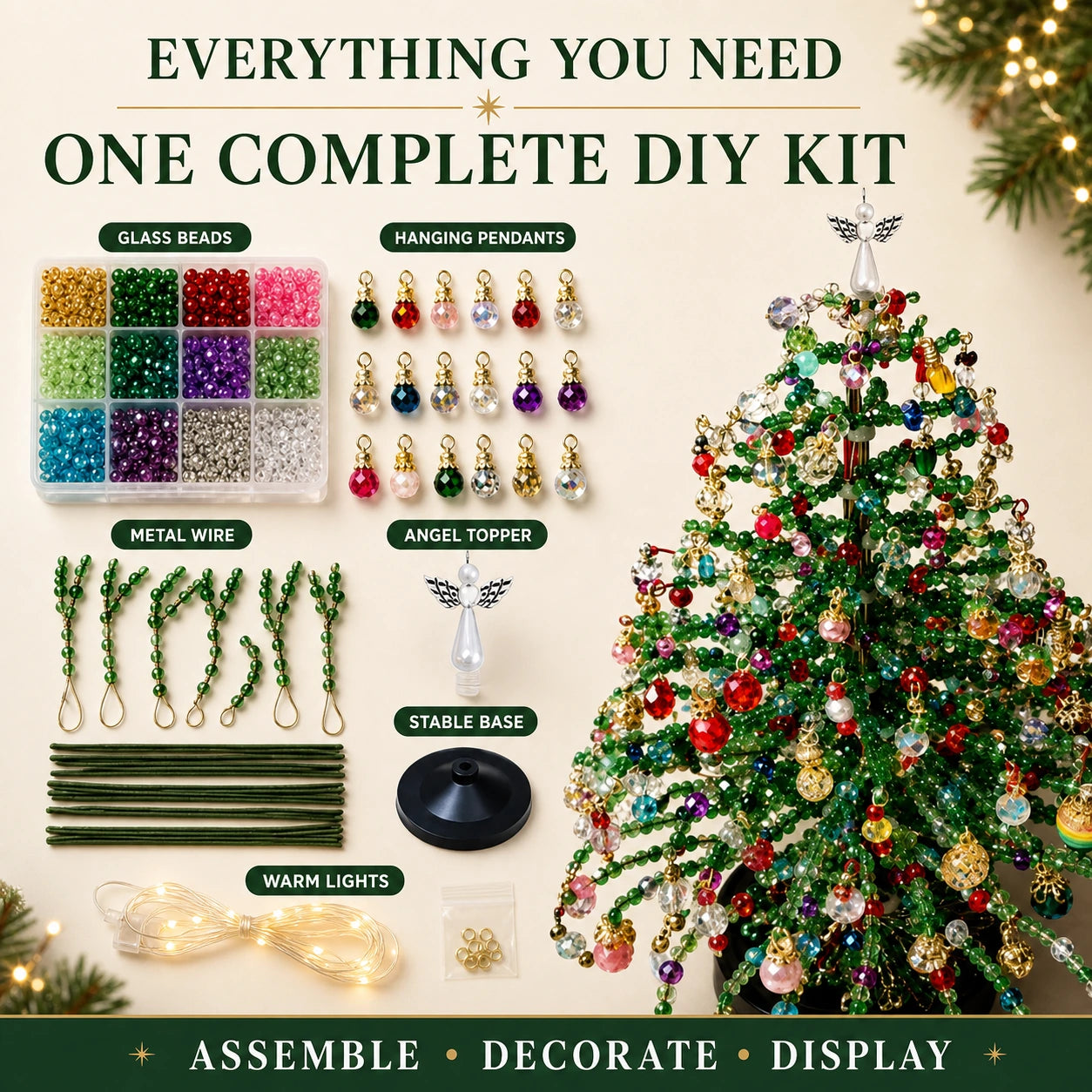 DIY Beaded Christmas Tree Kit, Hand‑Made Mini Crystal Bead Xmas Tree Craft Set, Complete Christmas Decoration Making Supplies with Beads, Angel Tree Topper, Base & Accessories, Tabletop Holiday Ornament, Fun DIY Project, Ideal Christmas Gift for Kids & Fa