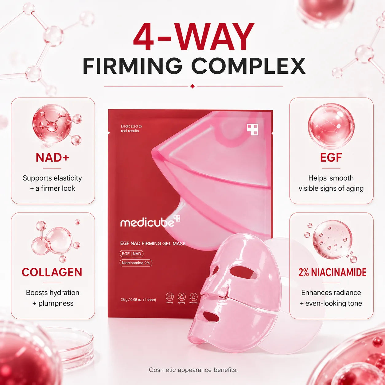 [medicube] NAD+ EGF Firming Gel Mask (4 sheets) | Color Changing Red Jelly Mask| NAD+, EGF, Anti-aging, Plumping, Radiance Boosting | Korean Skincare