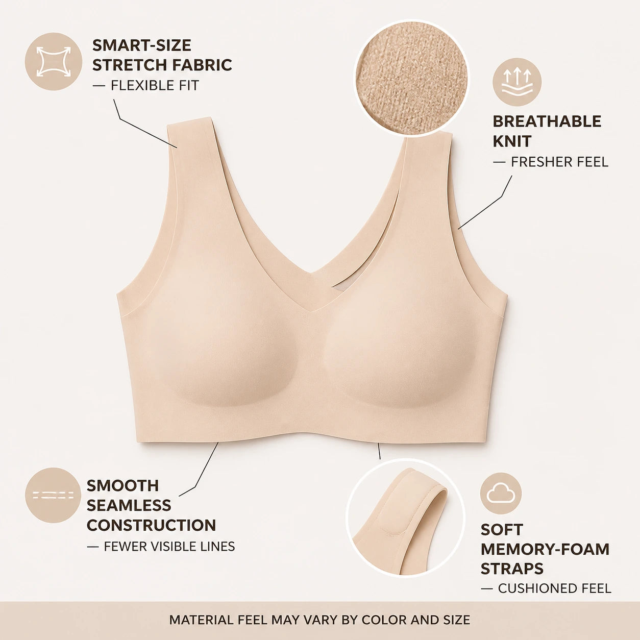 ubras Seamless Bras for Women Full Coverage Wireless Bralette Widen Straps Side Comfortable Breathable Smooth Pull On Bras Smart Size Fabric Stretchy Minimalist Basic Nude Lightweight Womenswear Soft Everyday Bra