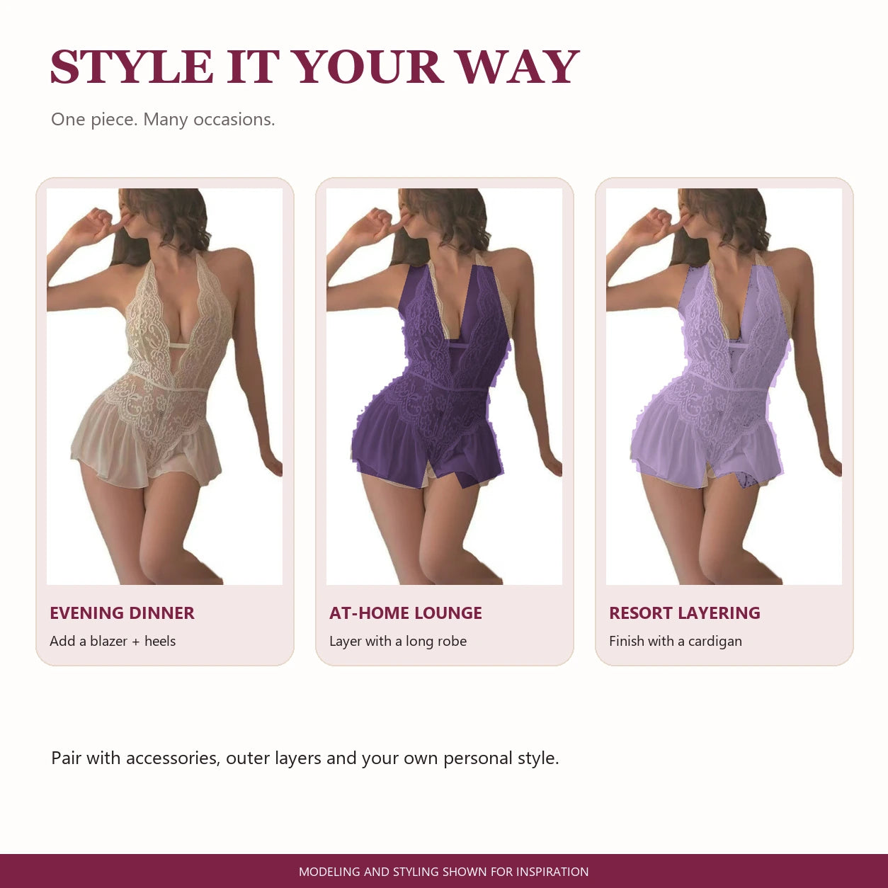 Women's Lace Jumpsuit, Halter Deep V Sheer Ruffle Design, Couples Date Night Pajamas, Elegant Plain Style, All Seasons Wear