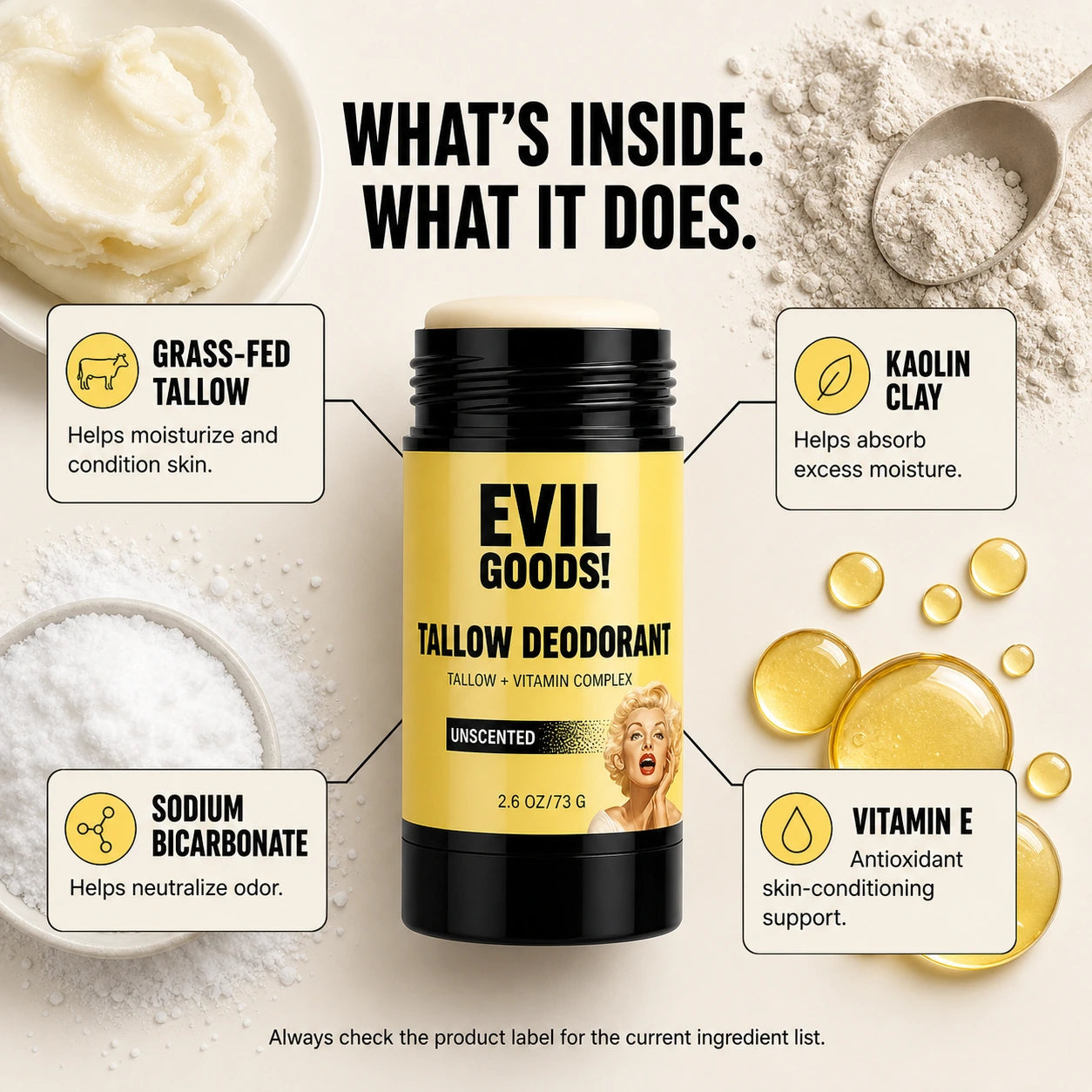 EVILGOODS Natural Tallow Body Care Deodorant Stick - Grass-Fed Beef Tallow, Kaolin Clay, Aluminum-Free, Unscented, Moisture-Boosting, 2.6 oz for Daily Freshness