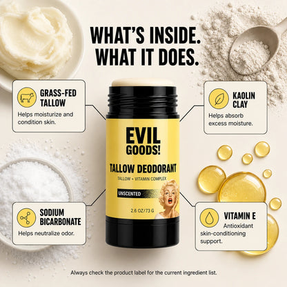 EVILGOODS Natural Tallow Body Care Deodorant Stick - Grass-Fed Beef Tallow, Kaolin Clay, Aluminum-Free, Unscented, Moisture-Boosting, 2.6 oz for Daily Freshness