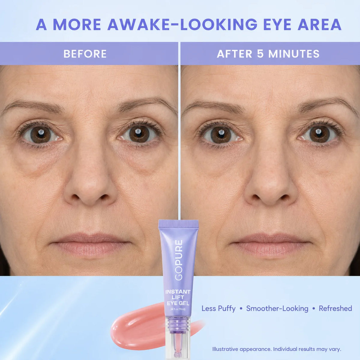 Under-eye area before and after using GoPure Instant Lift Eye Gel