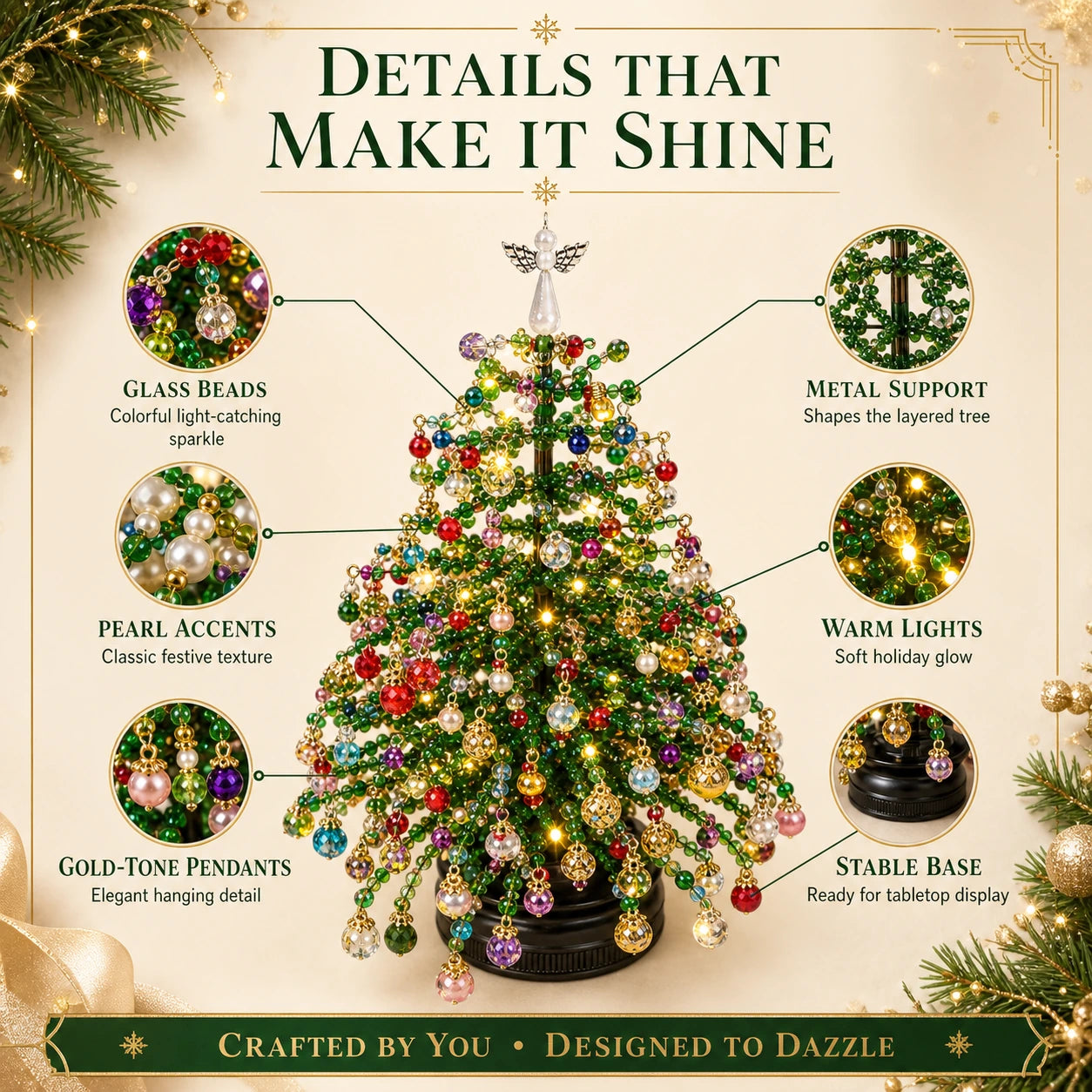 DIY Beaded Christmas Tree Kit, Hand‑Made Mini Crystal Bead Xmas Tree Craft Set, Complete Christmas Decoration Making Supplies with Beads, Angel Tree Topper, Base & Accessories, Tabletop Holiday Ornament, Fun DIY Project, Ideal Christmas Gift for Kids & Fa