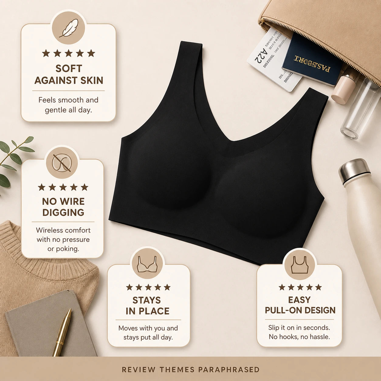 ubras Seamless Bras for Women Full Coverage Wireless Bralette Widen Straps Side Comfortable Breathable Smooth Pull On Bras Smart Size Fabric Stretchy Minimalist Basic Nude Lightweight Womenswear Soft Everyday Bra