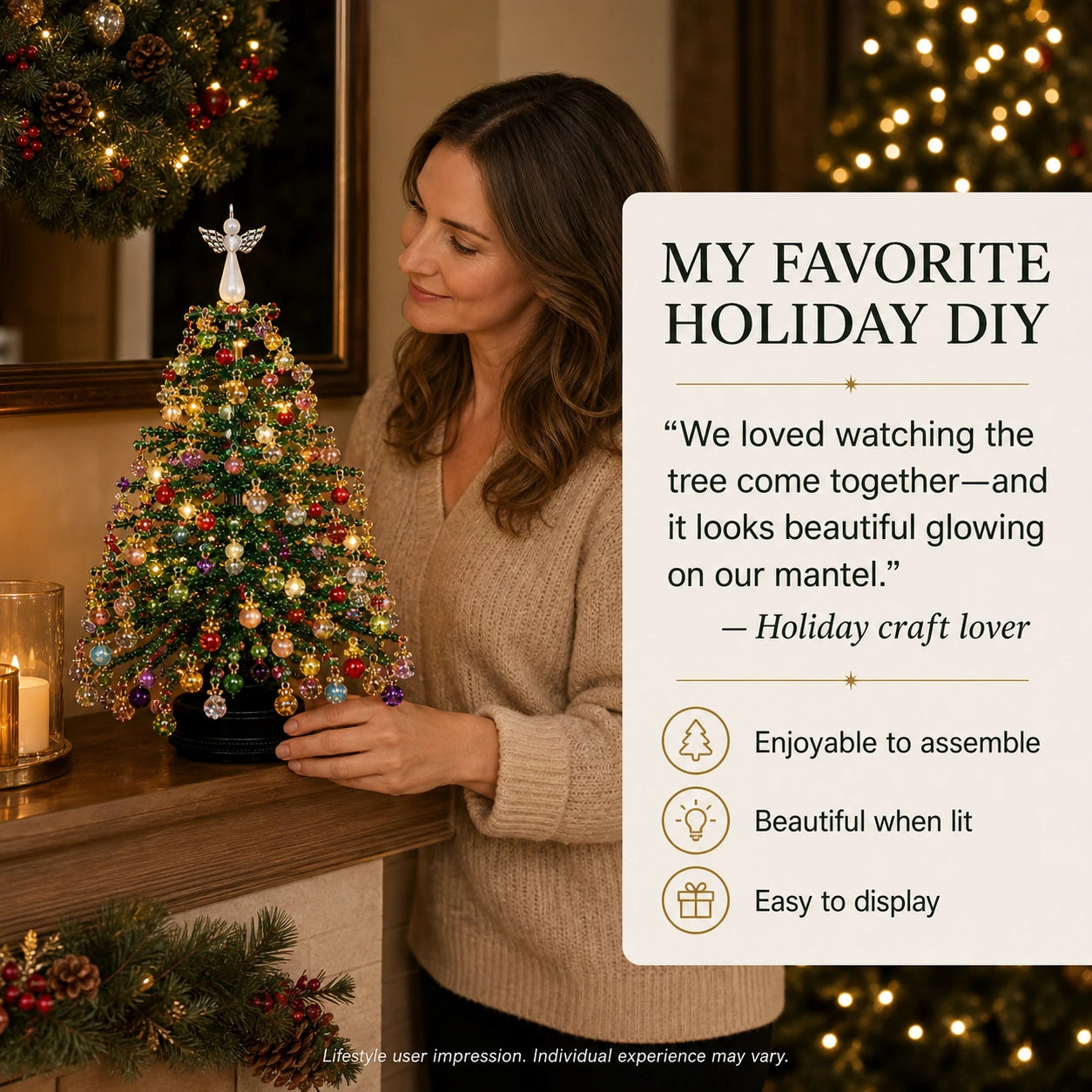 DIY Beaded Christmas Tree Kit, Hand‑Made Mini Crystal Bead Xmas Tree Craft Set, Complete Christmas Decoration Making Supplies with Beads, Angel Tree Topper, Base & Accessories, Tabletop Holiday Ornament, Fun DIY Project, Ideal Christmas Gift for Kids & Fa