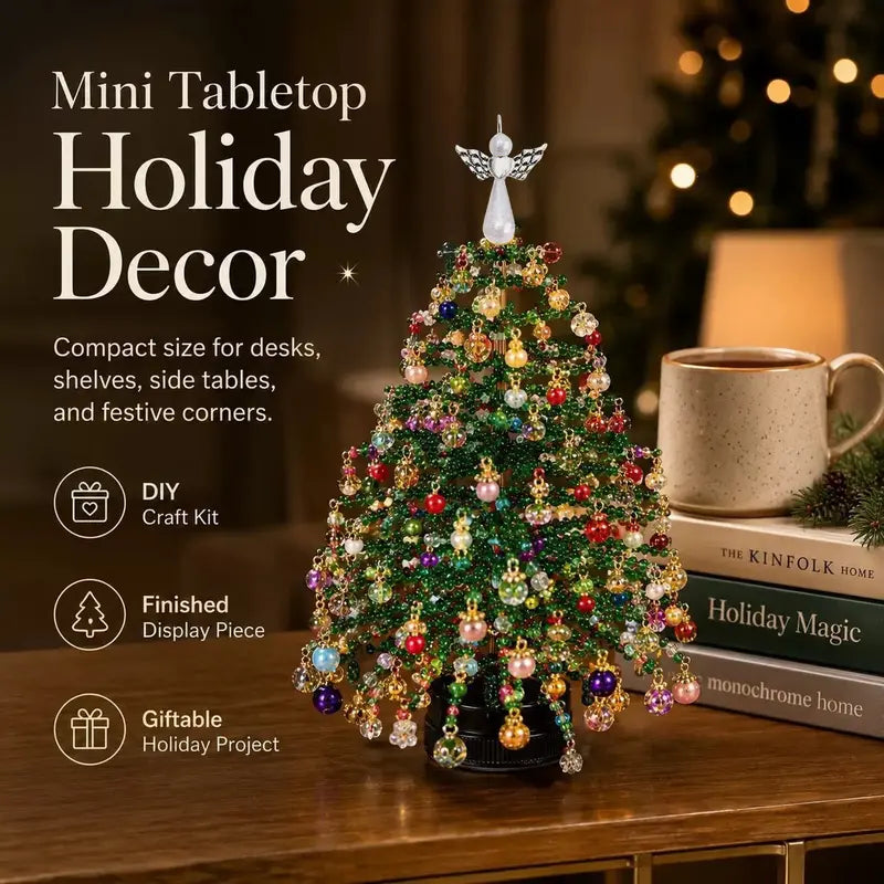 DIY Beaded Christmas Tree Kit, Hand‑Made Mini Crystal Bead Xmas Tree Craft Set, Complete Christmas Decoration Making Supplies with Beads, Angel Tree Topper, Base & Accessories, Tabletop Holiday Ornament, Fun DIY Project, Ideal Christmas Gift for Kids & Fa