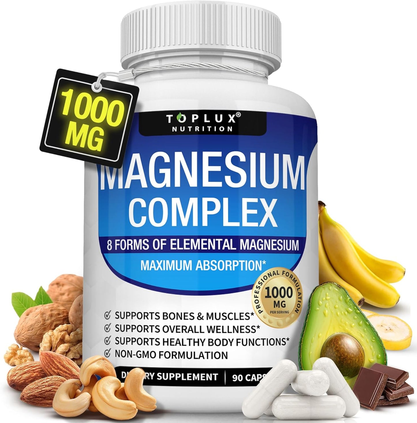 Magnesium Complex Supplement 8 Elemental 1000mg - Magnesium Glycinate, Citrate, Malate, Taurate, Chelated for Easy Absorption for Bones, Muscle, Recovery, Energy, Vegan Non-GMO 90 Capsules-L