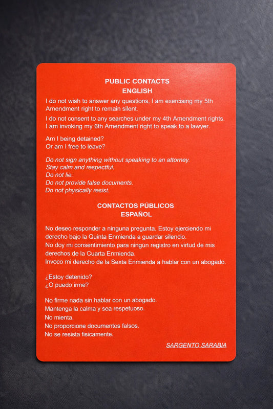 Tarjeta Roja Bilingüe de Derechos Constitucionales Inglés Español