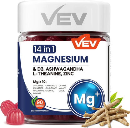 VEV DeepCalm 14-in-1 Magnesium Gummies Complex – Glycinate, D3, Ashwagandha, L-theanine, Zinc – 90 Count, Vegan, No Sugar