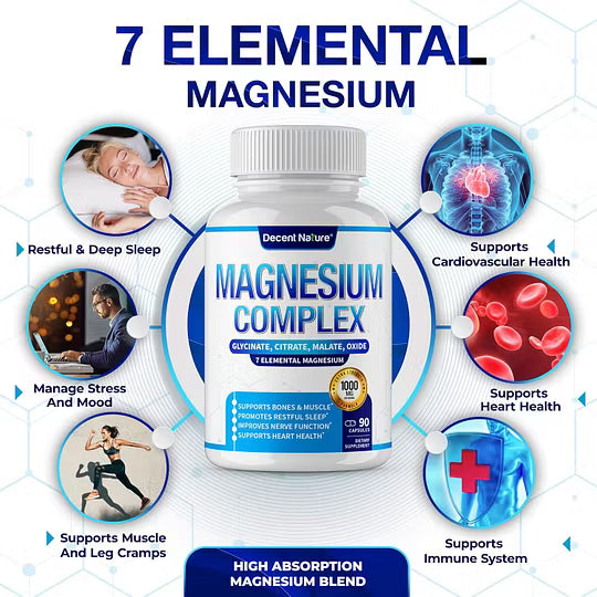 Complejo de Magnesio 7 Suplemento de Magnesio Elemental 1000mg – Glicinato, Citrato, Malato, Taurato, Óxido, Aspartato, Orotato de Magnesio No GMO 90 Cápsulas-L