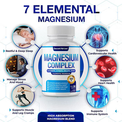 Complejo de Magnesio 7 Suplemento de Magnesio Elemental 1000mg – Glicinato, Citrato, Malato, Taurato, Óxido, Aspartato, Orotato de Magnesio No GMO 90 Cápsulas-L