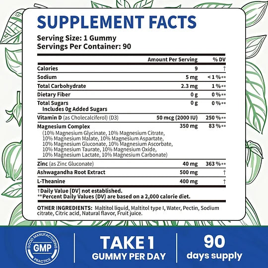 VEV DeepCalm 14-in-1 Magnesium Gummies Complex – Glycinate, D3, Ashwagandha, L-theanine, Zinc – 90 Count, Vegan, No Sugar