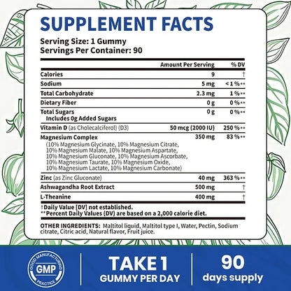 VEV DeepCalm 14-in-1 Magnesium Gummies Complex – Glycinate, D3, Ashwagandha, L-theanine, Zinc – 90 Count, Vegan, No Sugar