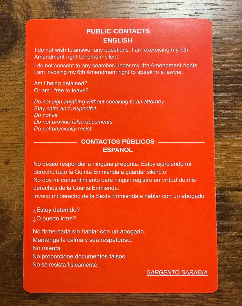 Bilingual Red Card Constitutional Rights Card English Spanish