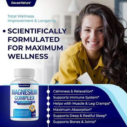 Complejo de Magnesio 7 Suplemento de Magnesio Elemental 1000mg – Glicinato, Citrato, Malato, Taurato, Óxido, Aspartato, Orotato de Magnesio No GMO 90 Cápsulas-L