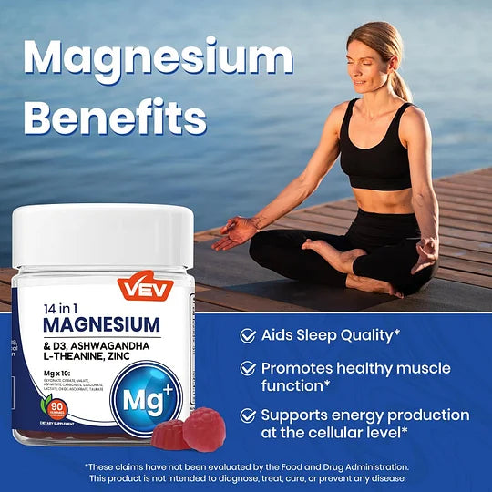 VEV DeepCalm 14-in-1 Magnesium Gummies Complex – Glycinate, D3, Ashwagandha, L-theanine, Zinc – 90 Count, Vegan, No Sugar