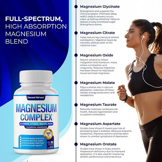 Complejo de Magnesio 7 Suplemento de Magnesio Elemental 1000mg – Glicinato, Citrato, Malato, Taurato, Óxido, Aspartato, Orotato de Magnesio No GMO 90 Cápsulas-L