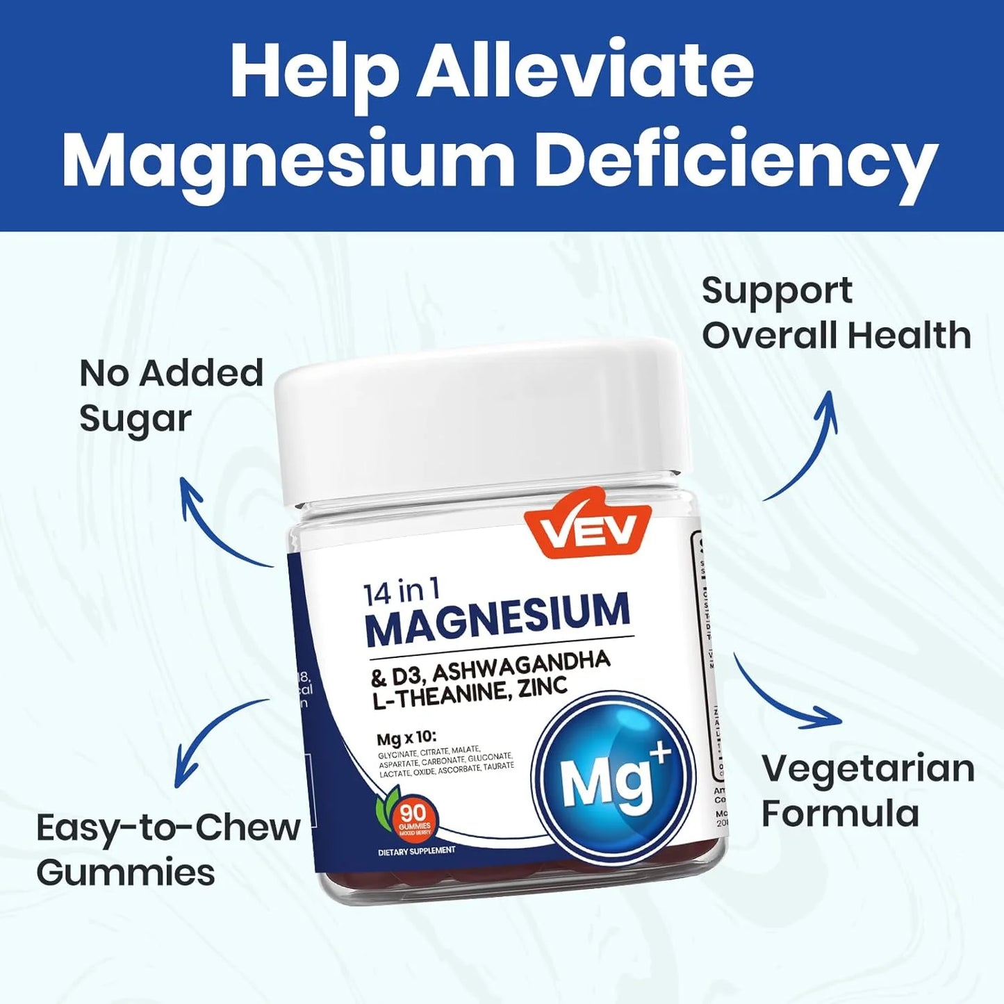 VEV DeepCalm 14-in-1 Magnesium Gummies Complex – Glycinate, D3, Ashwagandha, L-theanine, Zinc – 90 Count, Vegan, No Sugar
