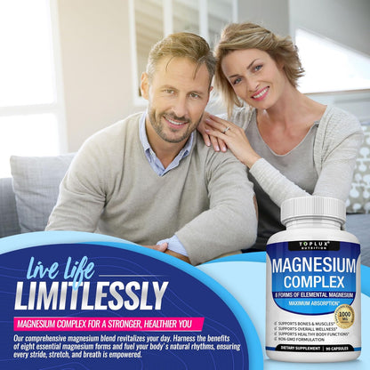 Magnesium Complex Supplement 8 Elemental 1000mg - Magnesium Glycinate, Citrate, Malate, Taurate, Chelated for Easy Absorption for Bones, Muscle, Recovery, Energy, Vegan Non-GMO 90 Capsules-L