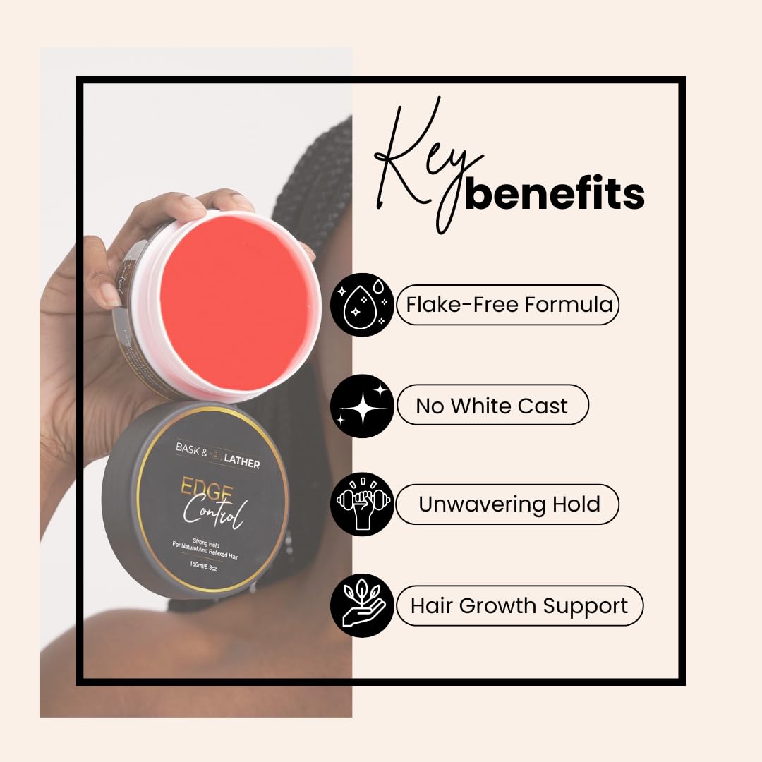 BASK & LATHER Strong Hold Edge Control Gel with Castor Oil, Non-Greasy, Non-Flaking, No White Cast, Long Lasting, Supports Hair Growth, Natural Formula, For All Hair Types