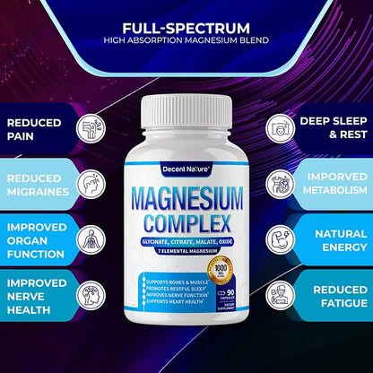 Complejo de Magnesio 7 Suplemento de Magnesio Elemental 1000mg – Glicinato, Citrato, Malato, Taurato, Óxido, Aspartato, Orotato de Magnesio No GMO 90 Cápsulas-L