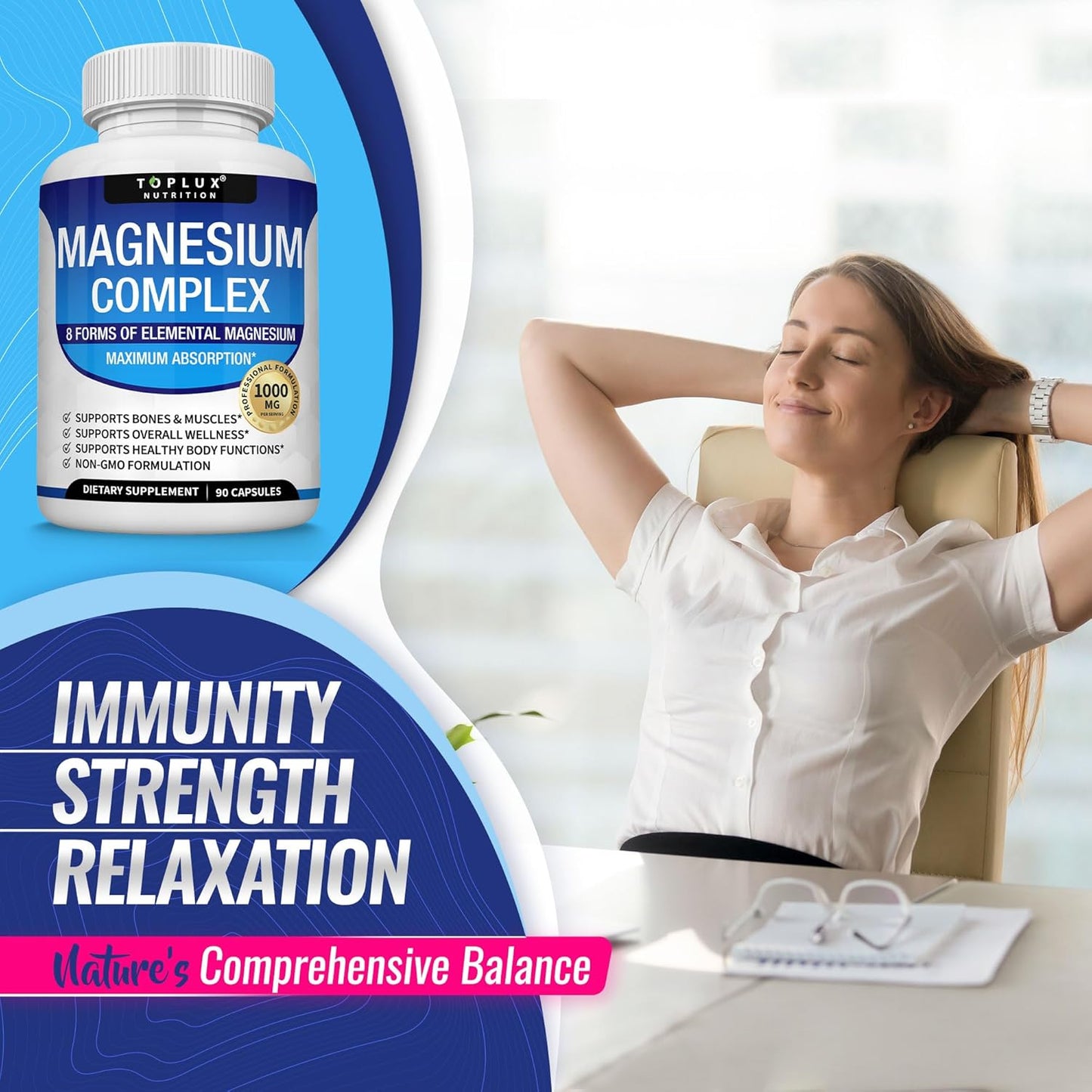 Magnesium Complex Supplement 8 Elemental 1000mg - Magnesium Glycinate, Citrate, Malate, Taurate, Chelated for Easy Absorption for Bones, Muscle, Recovery, Energy, Vegan Non-GMO 90 Capsules-L