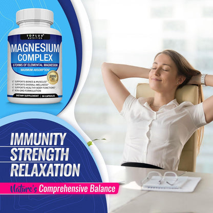 Magnesium Complex Supplement 8 Elemental 1000mg - Magnesium Glycinate, Citrate, Malate, Taurate, Chelated for Easy Absorption for Bones, Muscle, Recovery, Energy, Vegan Non-GMO 90 Capsules-L