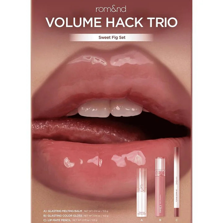 rom&nd LIP VOLUME HACK TRIO (3 Shades, Lip Mate Pencil 0.5g & Melting Balm 3.5g & Color Gloss 4g)