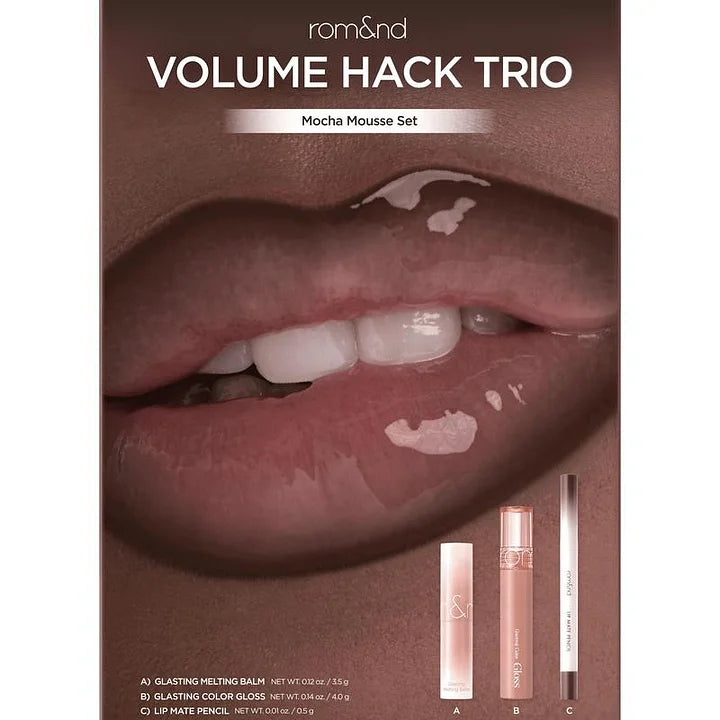 rom&nd LIP VOLUME HACK TRIO (3 Shades, Lip Mate Pencil 0.5g & Melting Balm 3.5g & Color Gloss 4g)