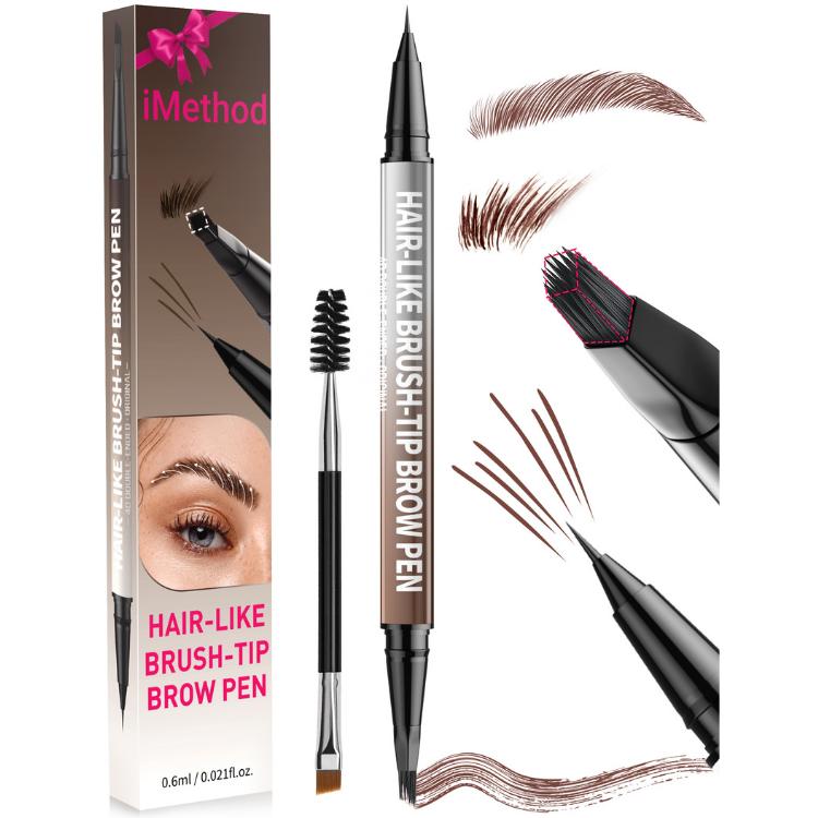 4D Brow Pen, 2-in-1 Eyebrow Pencil with Waterproof Microblading and Dual-Ended Eyeliner Brush for Natural Brow M