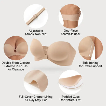 Womens Strapless Front Closure Bra Push Up Lift Bra Padded Add Cup Non Slip Anti-Slip Grip & Removable Straps Fit Outfits Wireless Supportive Seamless Comfortable