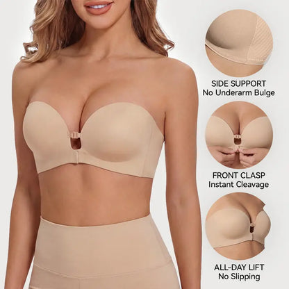 Womens Strapless Front Closure Bra Push Up Lift Bra Padded Add Cup Non Slip Anti-Slip Grip & Removable Straps Fit Outfits Wireless Supportive Seamless Comfortable