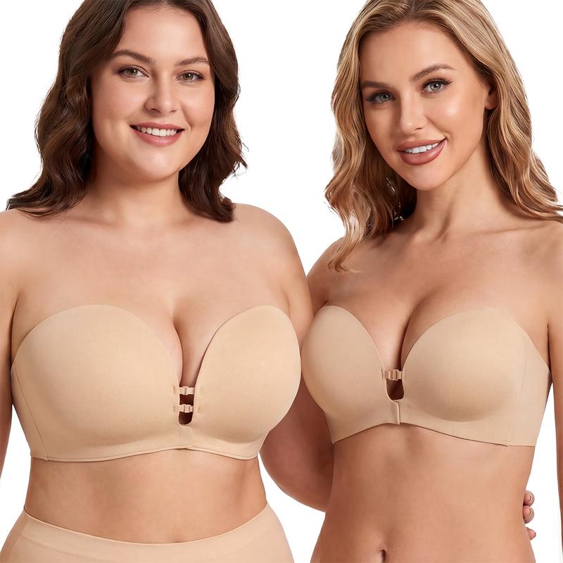 Womens Strapless Front Closure Bra Push Up Lift Bra Padded Add Cup Non Slip Anti-Slip Grip & Removable Straps Fit Outfits Wireless Supportive Seamless Comfortable
