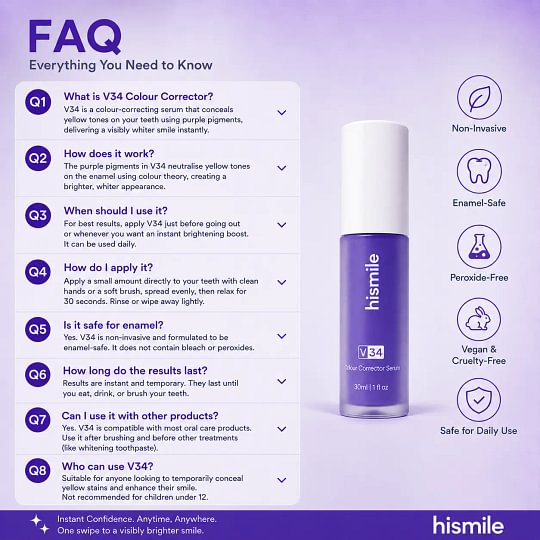 [Recommended by Kim Kardashian] Hismile V34 Colour Corrector - Tooth Stain Concealer, Temporary Brightening Booster, Purple Toothpaste, Colour Correcting