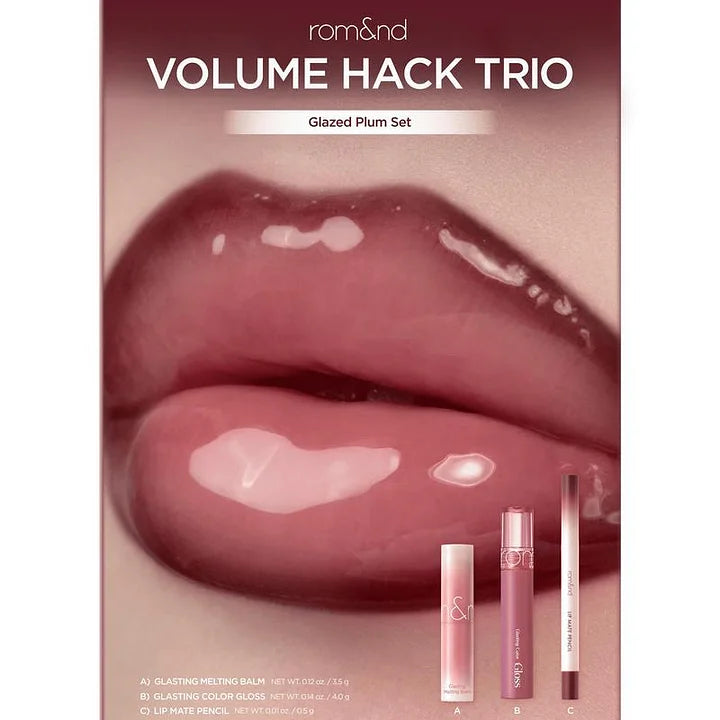 rom&nd LIP VOLUME HACK TRIO (3 Shades, Lip Mate Pencil 0.5g & Melting Balm 3.5g & Color Gloss 4g)