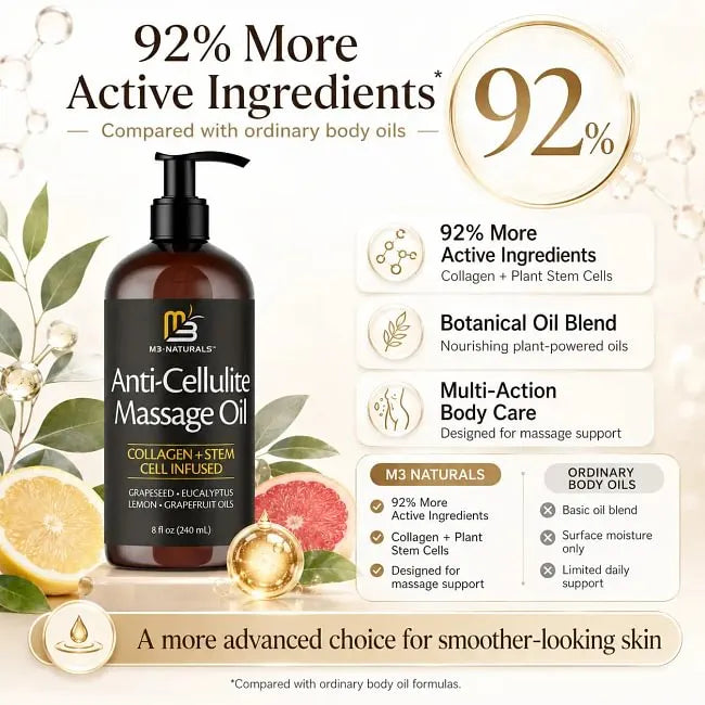 M3 Naturals Anti Cellulite Massage Oil 8oz - Smooth the Appearance of Cellulite - Body Care & Skin Care Massage Oil - Topical Collagen and Plant Stem Cell Body Oil to Restore Texture and Elasticity - Soothing Body Oil Moisture #TikTokShopSummerSale