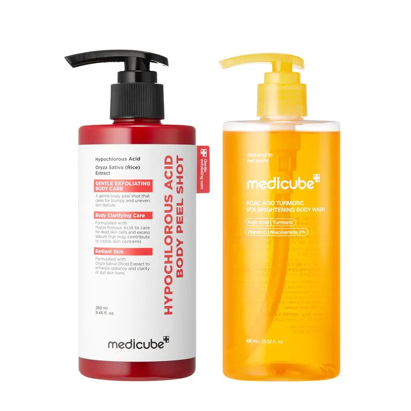 [medicube] Smooth & Clear Body Care Set | Hypochlorous Acid Body Peel Shot, Kojic Acid Turmeric Body Wash, Toner Pad, Toner, Mist | Exfoliating for Dead Skin Cells & Excess Sebum & Clearing for After Spots, Texture & Uneven Skin Tone | K-Beauty