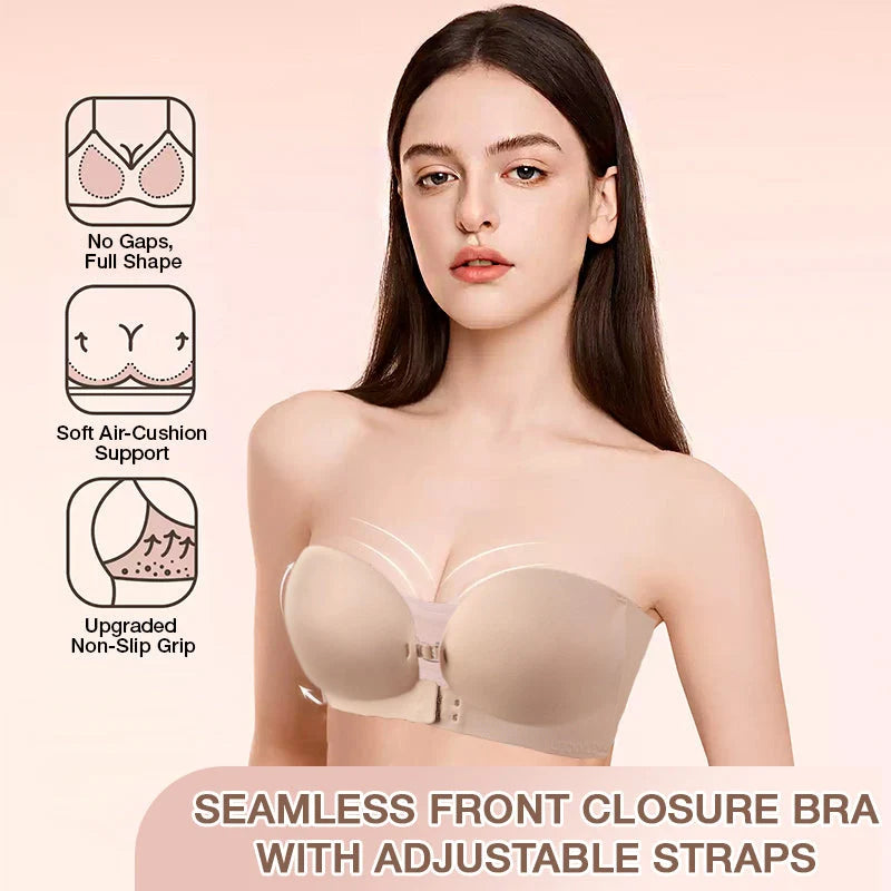 Womens Strapless Front Closure Bra Push Up Lift Bra Padded Add Cup Non Slip Anti-Slip Grip & Removable Straps Fit Outfits Wireless Supportive Seamless Comfortable